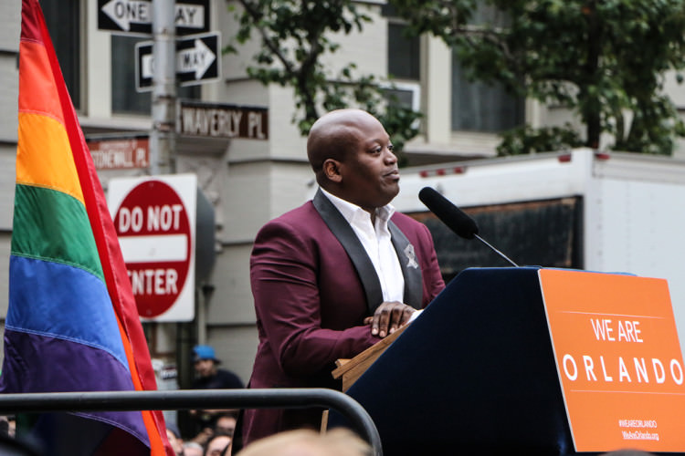 Tituss Burgess at Stonewall Inn rally for Orlando victims June 13, 2016.