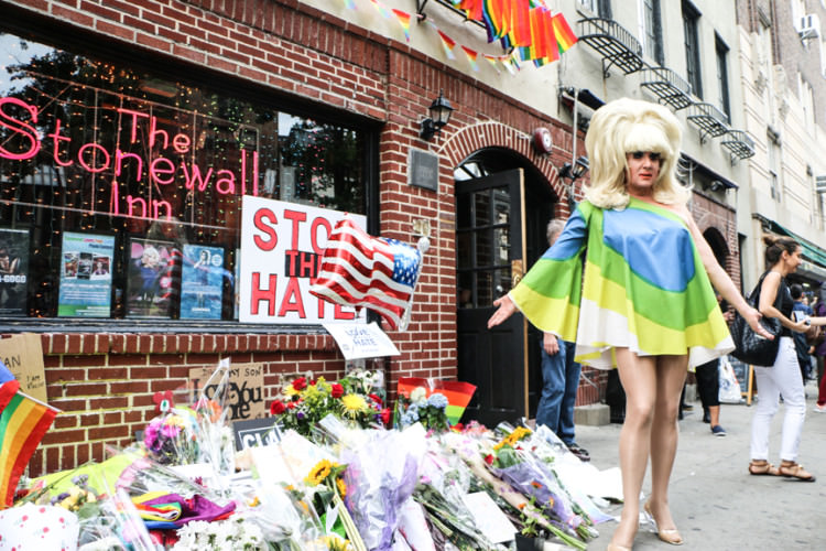 Lady Bunny at Stonewall Inn rally for Orlando victims June 13, 2016.